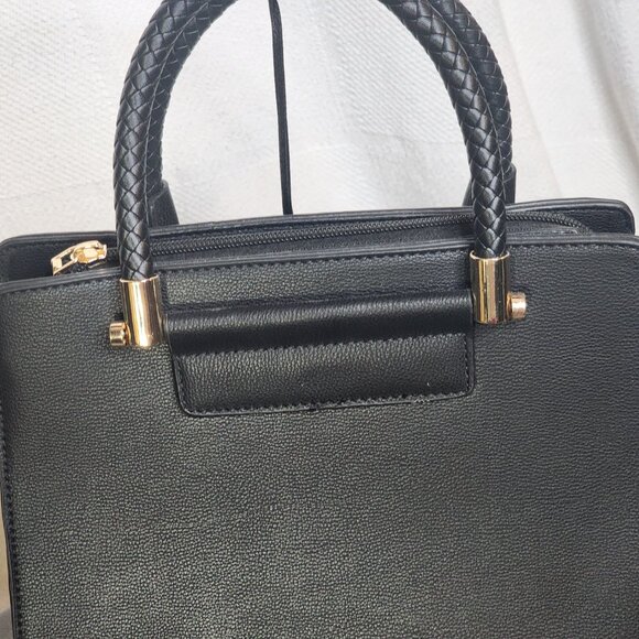 La Terre Black Peta Apprvd Vegan Braided Handle Gold Accent Feet Handbag w/Strap - Picture 11 of 16